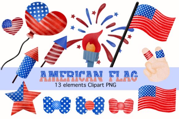American Flag Symbol Watercolor PNG Illustrations