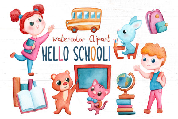 Back to School Kids Watercolor Clipart and Illustrations