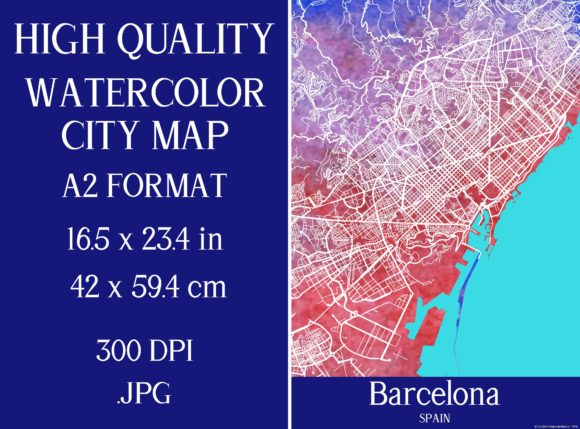 Barcelona Spain Watercolor City Map Illustrations