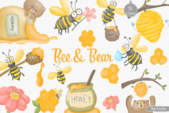 Bee Bear Clipart Watercolor Collection and Illustrations