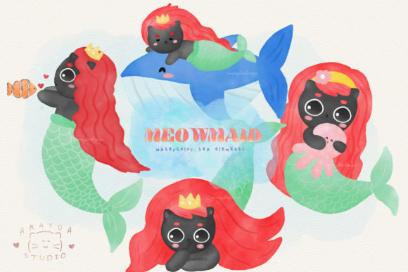 Black Cats Mermaid Watercolor Clipart and Illustrations