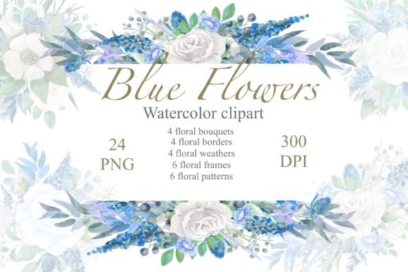 Blue Floral Watercolor Clipart, Wedding Illustrations