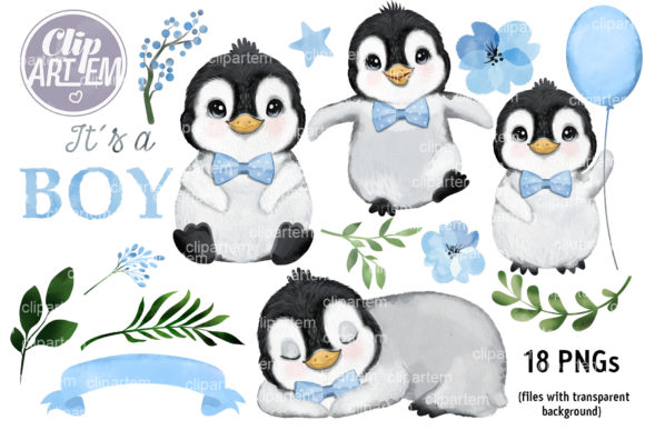 Boy Penguin Bow Tie Watercolor Bundle and Illustrations