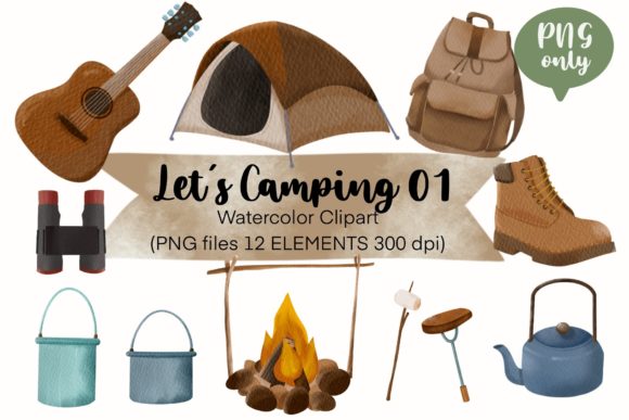 Camping Clipart Set PNG Watercolor Illustrations
