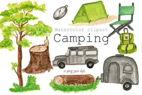 Camping Watercolor Clipart, Summer Travel Illustrations