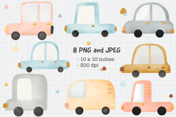 Cute Car Watercolor Clipart PNG and JPEG