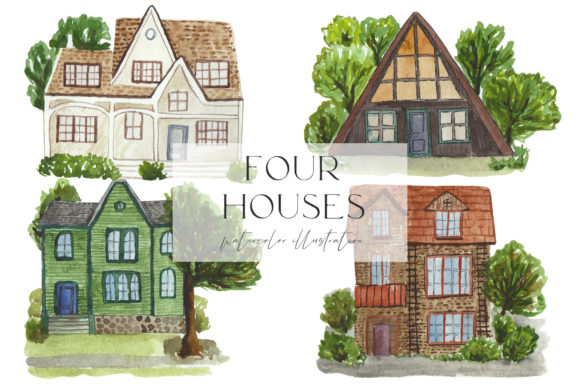 Four Watercolor Houses Illustration Png and Illustrations