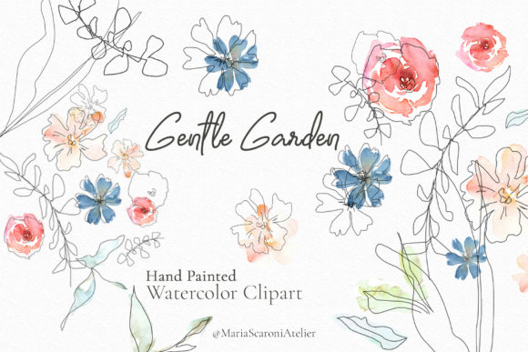 Gentle Garden Watercolor Flowers Clipart and Illustrations