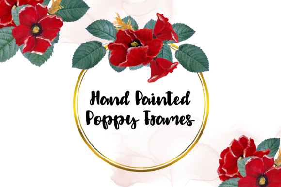 Gold Floral Frames, Watercolor Poppy Illustrations
