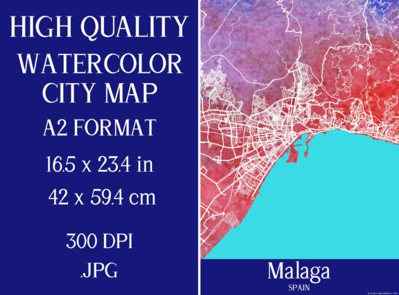 Malaga Spain Watercolor City Map and Illustrations