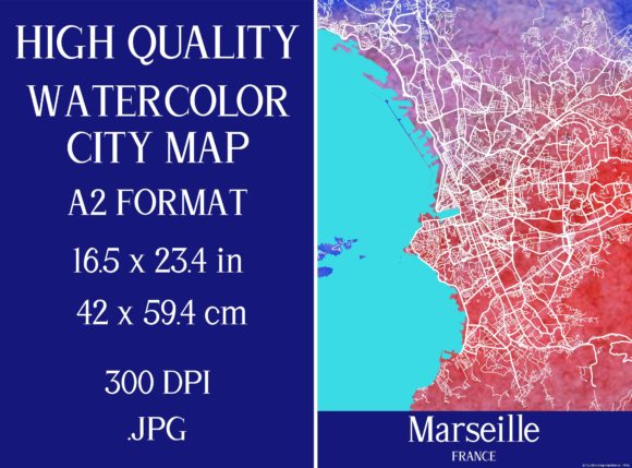 Marseille France Watercolor City Map Illustrations