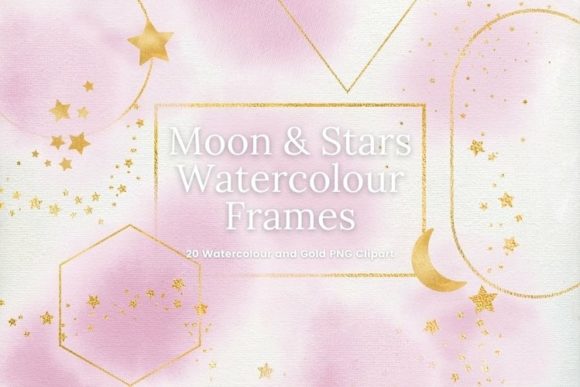 Pink Watercolour and Gold Frame Clipart Illustrations