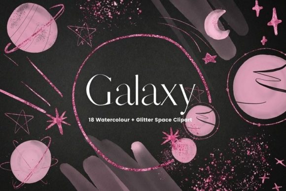 Pink Watercolour Planets and Frames Illustrations