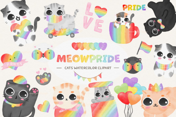 Pride LGBT Cats Watercolor Clipart and Illustrations