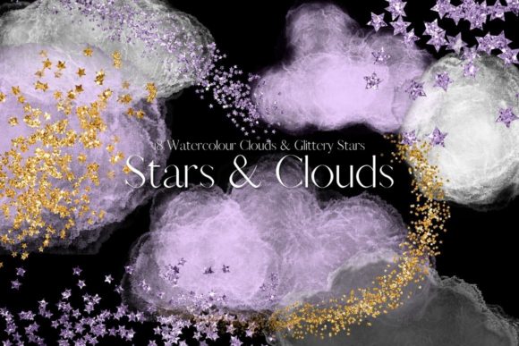 Purple Watercolour Clouds and Stars Illustrations