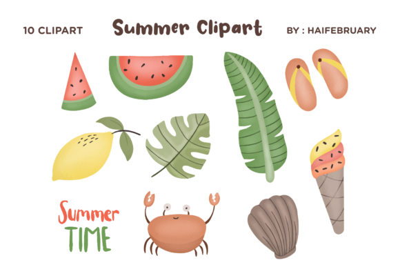 Summer Watercolor Clipart Digital Stamps and Illustrations