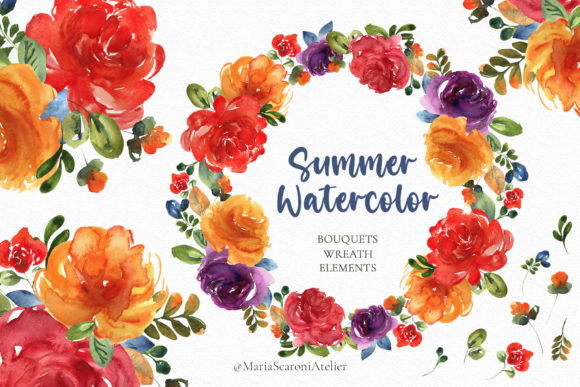 Summer Watercolor Flowers Clipart and Illustrations