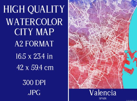 Valencia Spain Watercolor City Map