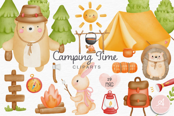Watercolor Camping Time Clipart and Illustrations
