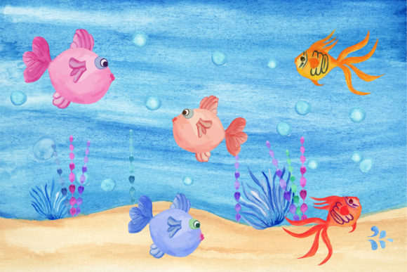 Watercolor Clipart Fishes with Sea Plant Illustrations