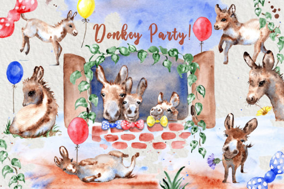 Watercolor Donkey Party Clip Art Set and Illustrations