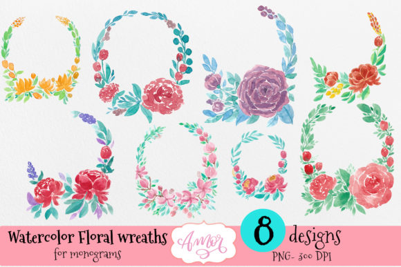 Watercolor Floral Wreaths for Monogram Illustrations