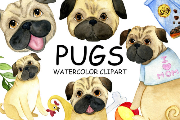 Watercolor Pug Clip Art, Dogs Set Illustrations