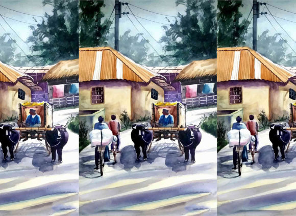 Watercolor Rural Village Scene Hand Draw Illustrations