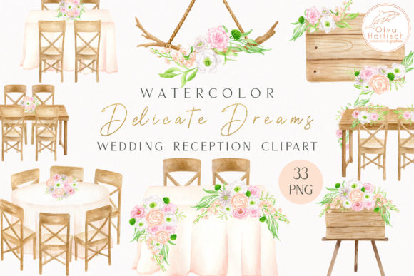 Wedding Reception Watercolor Clipart Set and Illustrations
