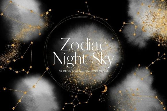 White Watercolour Zodiac Clipart and Illustrations